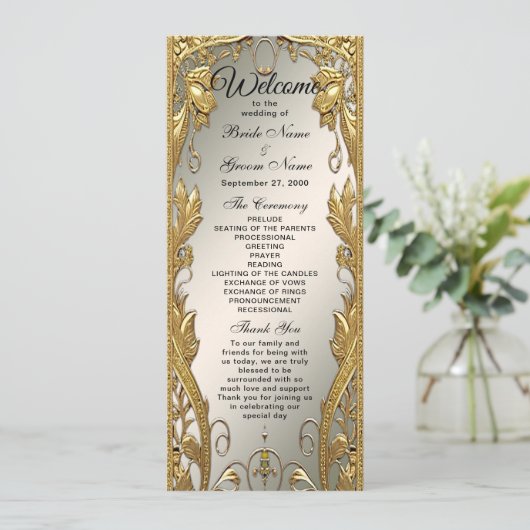 Elegantes Gold Decorative Floral Wedding Programm (Stehend Vorderseite)