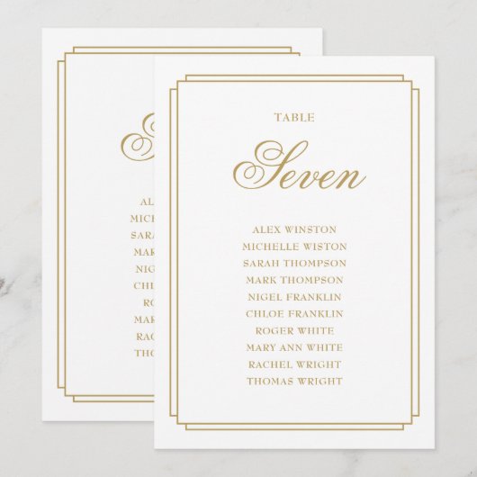 Elegantes Gold Deko Tischnummer Seating Chart (Vorne/Hinten)
