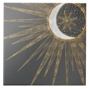 Elegantes Gold-Doodle-Sonne-Mond-Mandala-Design Fliese