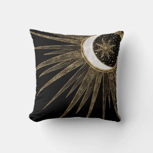 Elegantes Gold Doodles Sonnenmond Mandala Schwarze Kissen