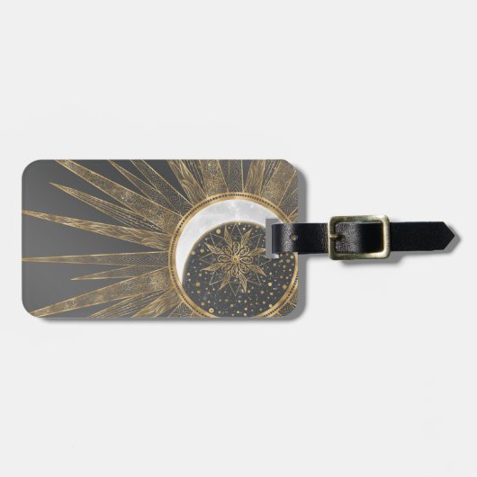 Elegantes Gold Doodles Sun Moon Mandala Design Gepäckanhänger (Vorderseite horizontal)