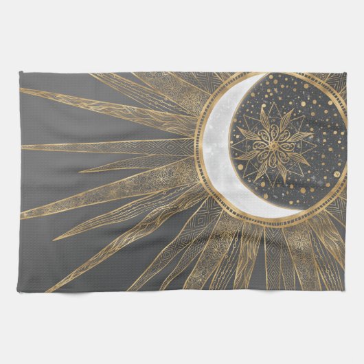 Elegantes Gold Doodles Sun Moon Mandala Design Geschirrtuch (Horizontal)