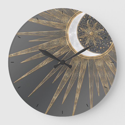 Elegantes Gold Doodles Sun Moon Mandala Design Große Wanduhr (Vorderseite)