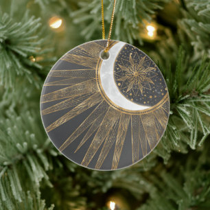 Elegantes Gold Doodles Sun Moon Mandala Design Keramik Ornament