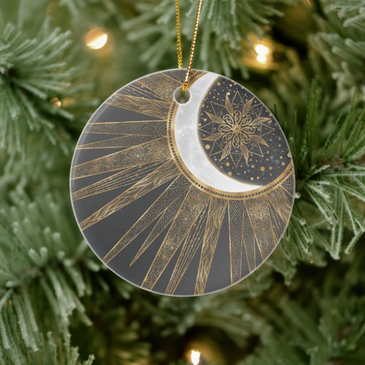 Elegantes Gold Doodles Sun Moon Mandala Design Keramik Ornament (Baum)