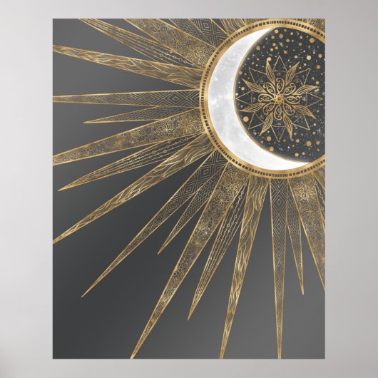Elegantes Gold Doodles Sun Moon Mandala Design Poster (Vorne)