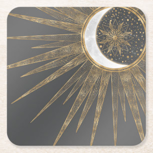 Elegantes Gold Doodles Sun Moon Mandala Design Rechteckiger Pappuntersetzer