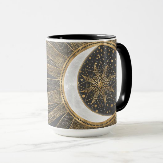 Elegantes Gold Doodles Sun Moon Mandala Design Tasse (VorderseiteRechts)