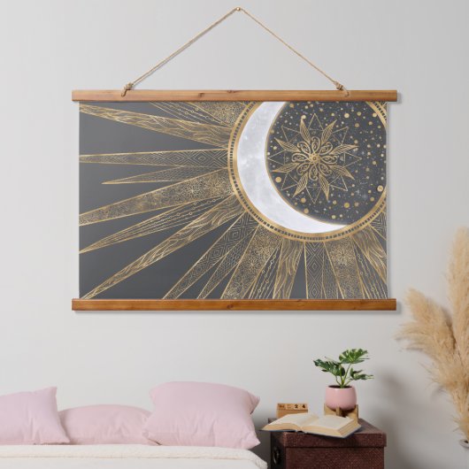 Elegantes Gold Doodles Sun Moon Mandala Design Wandteppich Mit Holzrahmen (Schlafzimmer)