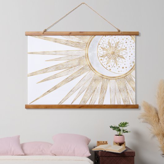 Elegantes Gold Doodles Sun Moon Mandala Design Wandteppich Mit Holzrahmen (Schlafzimmer)