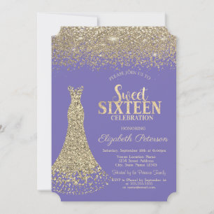 Elegantes Gold Dress Diamonds Lavander Sweet 16 Einladung