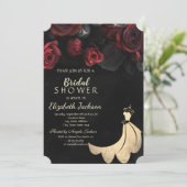 Elegantes Gold Dress Rote Rosen Schwarzes Brautpar Einladung (Stehend Vorderseite)