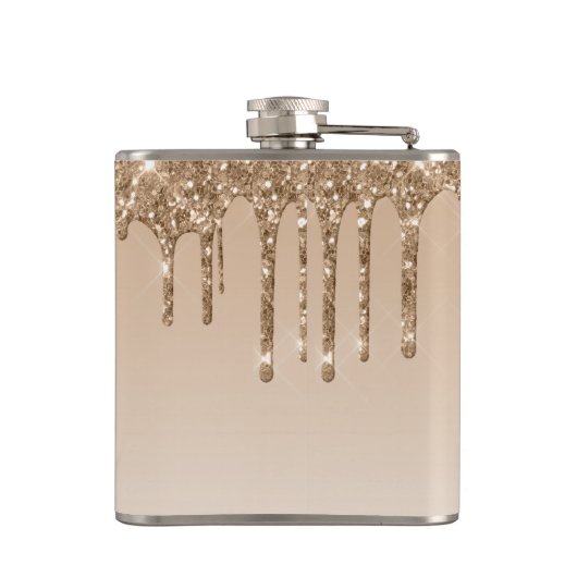 Elegantes Gold Dripping Imitats Glitzer Monogram Flachmann (Rückseite)