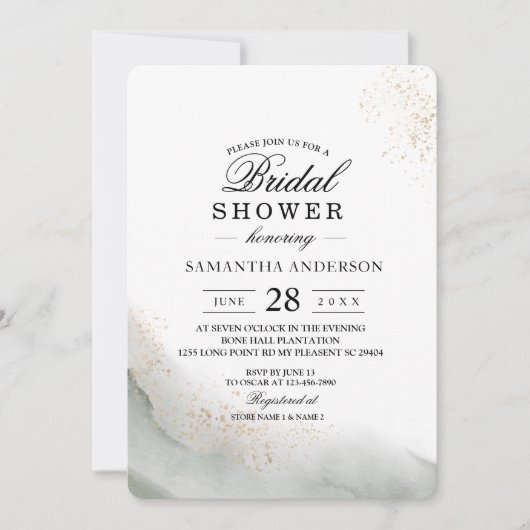 Elegantes Gold Dust & Sage Green Brautparty Einladung (Vorderseite)