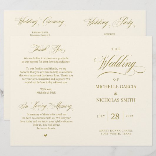 Elegantes Gold, faltbares Hochzeitsprogramm (Vorne/Hinten)