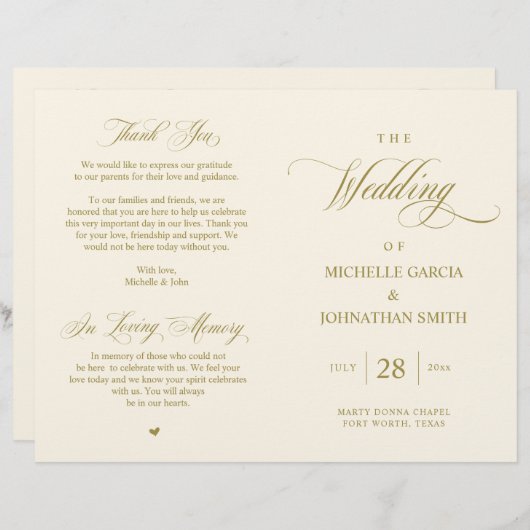 Elegantes Gold, faltbares Hochzeitsprogramm (Vorne/Hinten)