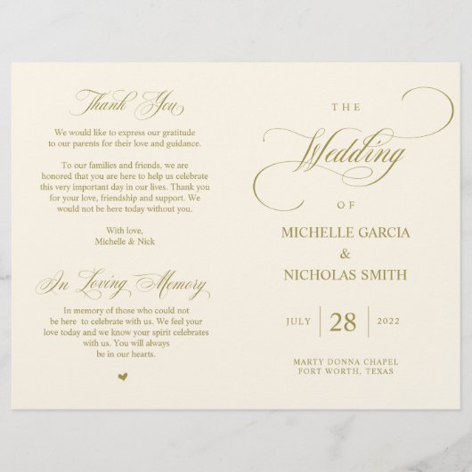 Elegantes Gold, faltbares Hochzeitsprogramm (Vorderseite)