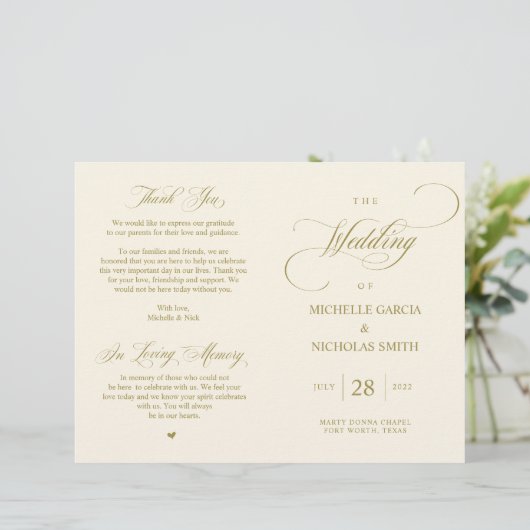 Elegantes Gold, faltbares Hochzeitsprogramm (Stehend Vorderseite)