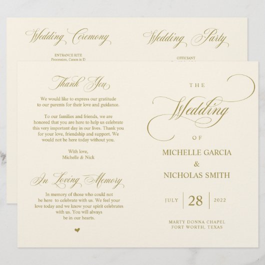 Elegantes Gold, faltbares Hochzeitsprogramm (Vorne/Hinten)
