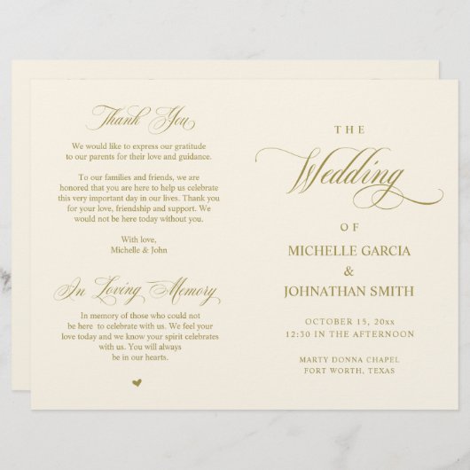 Elegantes Gold, faltbares Hochzeitsprogramm (Vorne/Hinten)