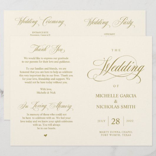 Elegantes Gold, faltbares Hochzeitsprogramm (Vorne/Hinten)