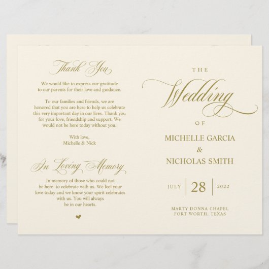 Elegantes Gold, faltbares Hochzeitsprogramm (Vorne/Hinten)