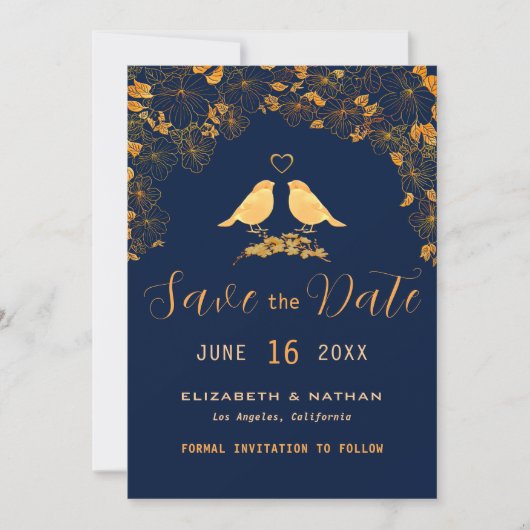 Elegantes Gold Floral Birds Navy Blue Custom Foto Save The Date (Vorderseite)