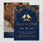 Elegantes Gold Floral Birds Navy Blue Custom Foto Save The Date (Vorne/Hinten)