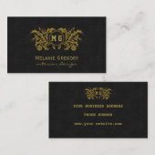 Elegantes Gold Floral Black Custom Monogram Visitenkarte (Vorne/Hinten)