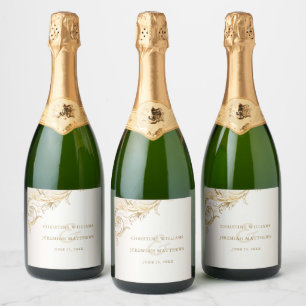 Elegantes Gold Floral Damask Shiny Sparklassi Schaumweinetikett