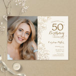 Elegantes Gold Floral Foto 50. Geburtstag Einladung<br><div class="desc">Gold und Elfenbeincreme Blumenladen zum 50. Geburtstag mit Ihrem Foto auf der Vorderseite der Karte. Minimalistisch modernes Design mit botanischen Kontur Zeichnungen Akzente,  Imitate Goldfolie und Typografie Drehbuch Schriftart. Einfache,  trendige Einladungskarte für eine stilvolle Damenfeier. Kann für jedes Alter angepasst werden. Gedruckte Zazzle Einladungen oder Sofortdownload digitalen druckbaren Vorlage.</div>