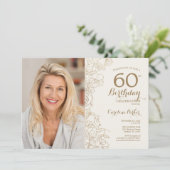 Elegantes Gold Floral Foto 60. Geburtstag Einladung (Stehend Vorderseite)