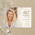 Elegantes Gold Floral Foto 60. Geburtstag Einladung<br><div class="desc">Gold und Elfenbein Blütencreme 60. Geburtstag Einladung mit Ihrem Foto auf der Vorderseite der Karte. Minimalistisch modernes Design mit botanischen Kontur Zeichnungen Akzente,  Imitate Goldfolie und Typografie Drehbuch Schriftart. Einfache,  trendige Einladungskarte für eine stilvolle Damenfeier. Kann für jedes Alter angepasst werden. Gedruckte Zazzle Einladungen oder Sofortdownload digitalen druckbaren Vorlage.</div>