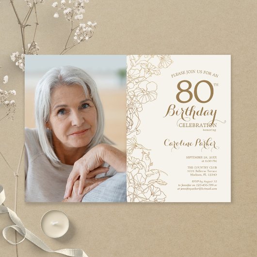 Elegantes Gold Floral Foto 80. Geburtstag Einladung