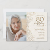 Elegantes Gold Floral Foto 80. Geburtstag Einladung (Vorderseite)