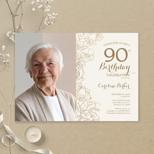 Elegantes Gold Floral Foto 90. Geburtstag Einladung