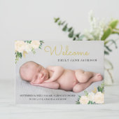 Elegantes Gold Floral Foto Geburtserklärung Ankündigung (Stehend Vorderseite)