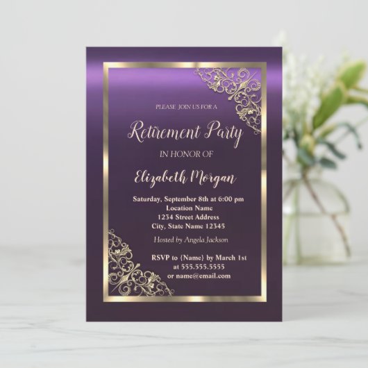 Elegantes Gold Floral Frame Lila Pensionierung Einladung (Stehend Vorderseite)