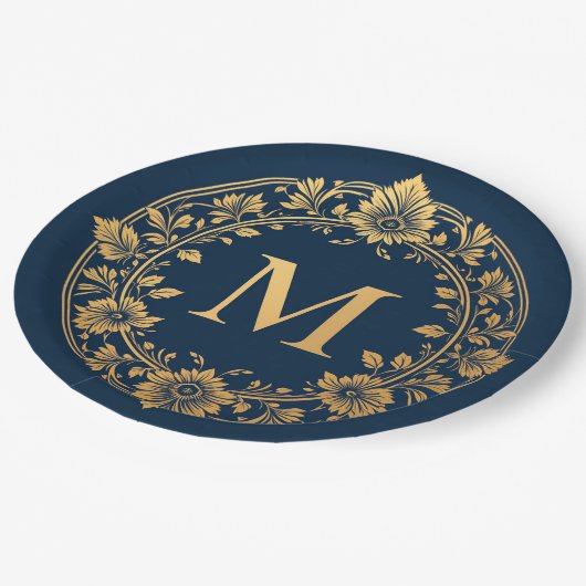 Elegantes Gold Floral Monogram Design Pappteller (Schrägansicht)