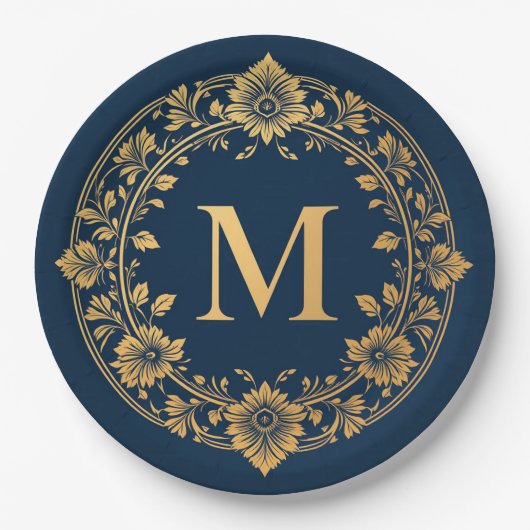 Elegantes Gold Floral Monogram Design Pappteller (Vorderseite)
