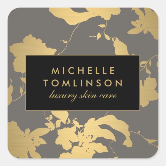 Elegantes Gold Floral Muster Grau Quadratischer Aufkleber (Vorderseite)