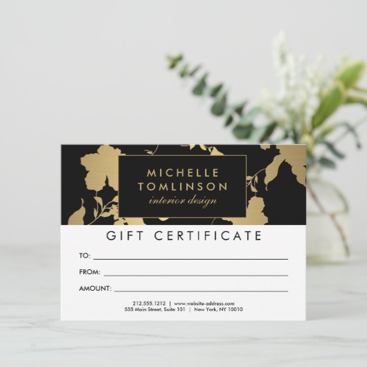 Elegantes Gold Floral Muster Schwarzes Geschenkgut (Stehend Vorderseite)