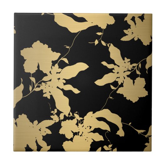 Elegantes Gold Floral Pattern Schwarz Fliese (Vorderseite)