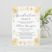 Elegantes Gold Floral Script Graduation Party Foto Einladung (Stehend Vorderseite)