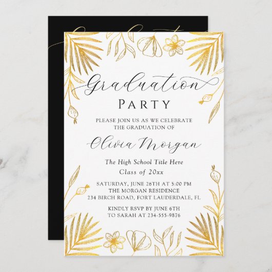 Elegantes Gold Floral Script Graduation Party Foto Einladung (Vorne/Hinten)