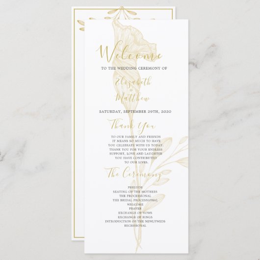 Elegantes Gold Floral Script Simple Wedding Progra Programm (Vorne/Hinten)