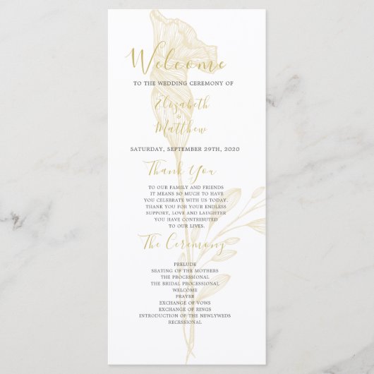 Elegantes Gold Floral Script Simple Wedding Progra Programm (Vorderseite)