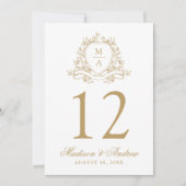 Elegantes Gold Floral Wappen Hochzeit Tischnummer (Vorderseite)
