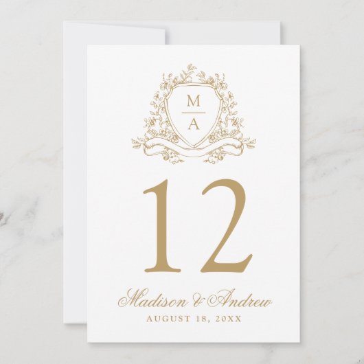 Elegantes Gold Floral Wappen Hochzeit Tischnummer (Vorderseite)