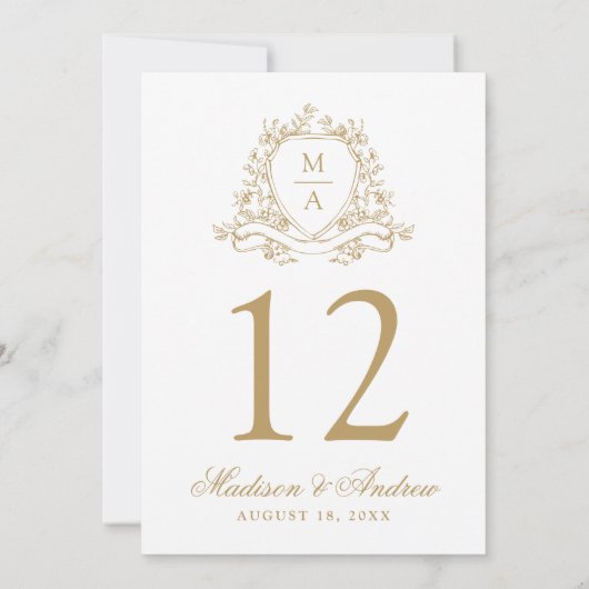 Elegantes Gold Floral Wappen Hochzeit Tischnummer (Rückseite)